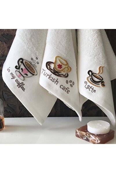 MARİBOR Keyif 1 - Tafting Nakışlı Mutfak Havlusu %70 Bambu / %30 Pamuk - Krem 3'lü Set 30x50