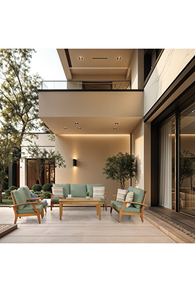 YASÜ Natural Yeşil Ahşap Balkon Bahçe Takım Mobilya Oturma Grubu Masa Berjer ...