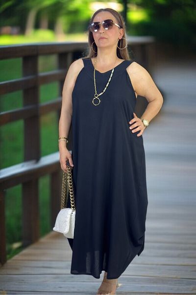 yagmurberen Shalwar Cut Sleeveless V-Neck Cotton Viscosin Large Size Flare Dress