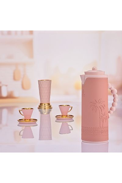 Alsaif Gallery Royal 7T Thermos - Alsaif Gallery, 1 Liter, Leather Covered, Palm Engraving, Glass Inner Insulation,
