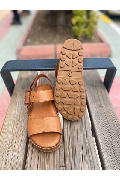 Mammamia 2375 Real Leather Buckle Detailed Velcro Strap Orthopedic Women's Sandals