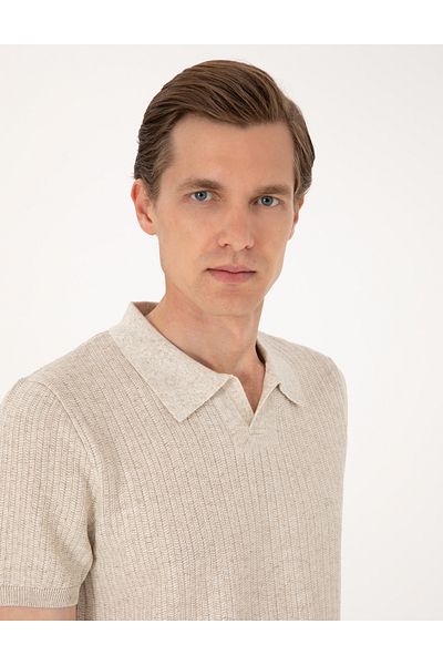 Pierre Cardin Μπεζ Slim Fit Πλεκτό μπλουζάκι με γιακά πόλο 50305972-VR011