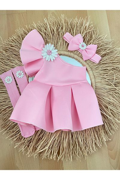 EBRU ÖZÖRGÜCÜ Girl's Pink Daisy Dress Bandana and Socks Set