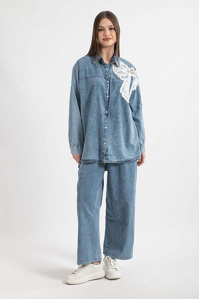 Hatun Atila Ribbon Embroidered and Pearl Detailed Denim Suit 7978