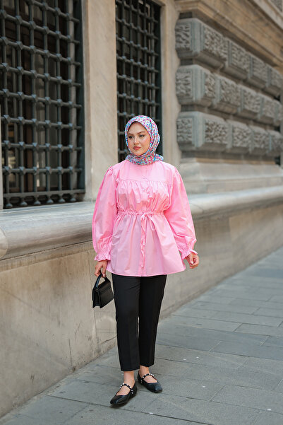 LOCCO Γυναικείο πουκάμισο Robadan με λεπτομέρεια με μπαλόνι μανίκι ροζ