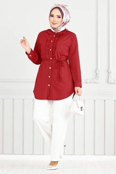 ModaMerve Front Buttoned Hijab Suit Red & Ecru