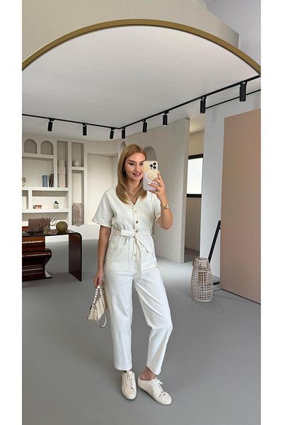 Sezgi Tekin Pocket Detail Waist Elastic Cream Jumpsuit