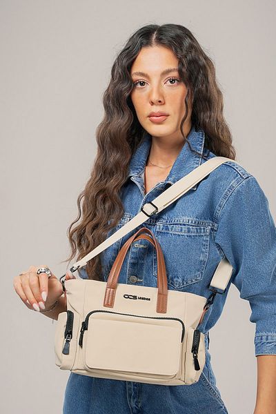 Getcho Ivey Beige Women's Handbag Multi-Eye Zipper Adjustable Strap Shoulder Model for Daily Use
