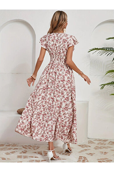 JANES New Season Women's Elastic Waist Floral Patterned Long Summer Dress
