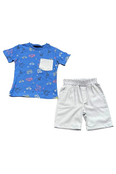 Hafez Kids Men's Summer Pocket Shorts and T-Shirt Car Airplane Digital Printed Luxury Double Suit