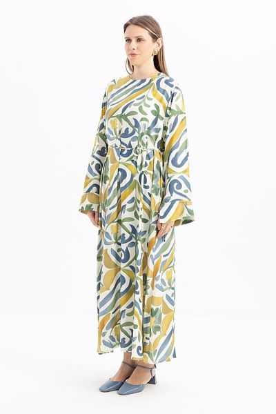 ALLDAY Green-Blue-Waist Tie Patterned Dress