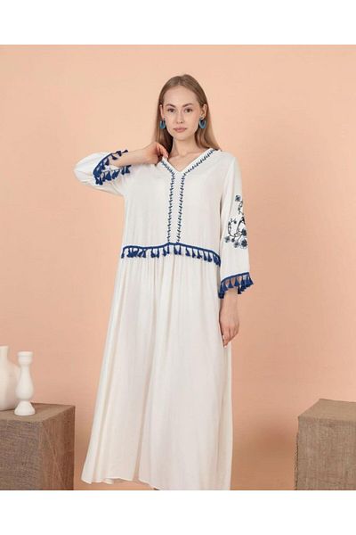 EL jadida Women's Embroidered Tassel Plus Size Long Viscose Dress White