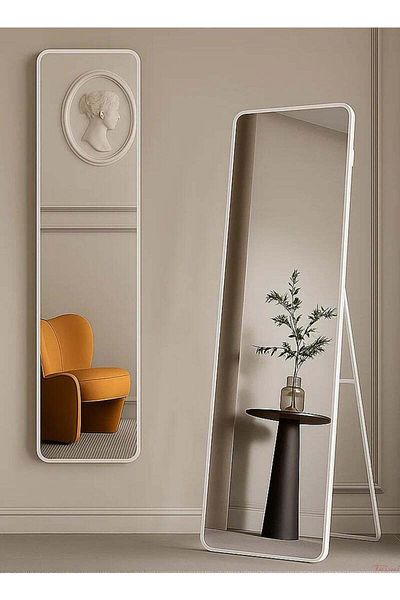 Taimi Full Length Mirror with Aluminum Frame and Metal Stand - 120 x 30 cm - White