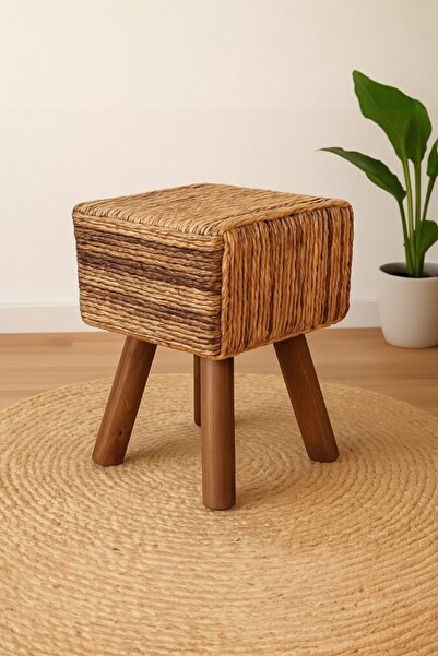 oceanpoint Doğal Lif Dokulu Kare Oturma Taburesi, Masif Ahşap Ayaklı El Yapımı Puf, Bohem Stil Sehpa, 35x45 cm
