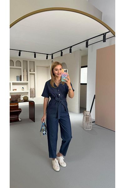 Sezgi Tekin Pocket Detail Waist Elastic Denim Jumpsuit