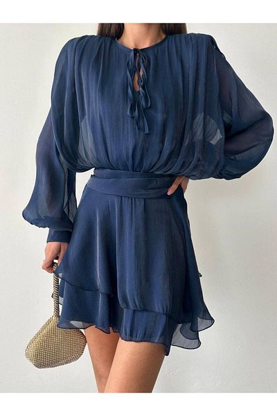 MAXMOOR Women's Navy Blue Shiny Fabric Mini Waist Dress