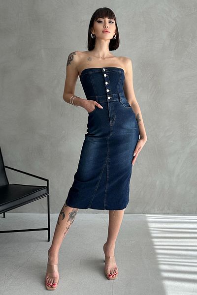 ZAROLİ Rochie midi din denim cu jumătate de nasturi și buzunare elastice pe spate