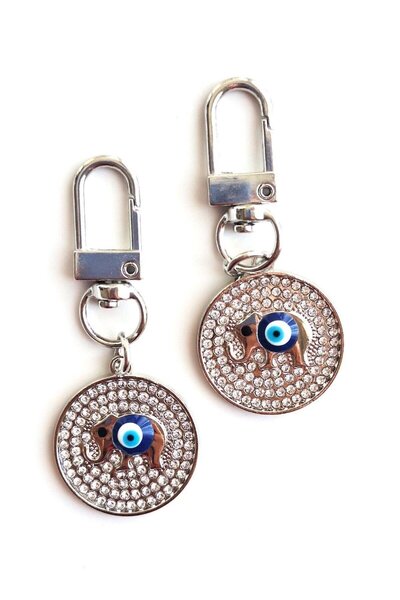 Svc Aksesuar Gift Zircon Stone Evil Eye Beaded Elephant Keychain - Bag Ornament - Silver 6.5 cm