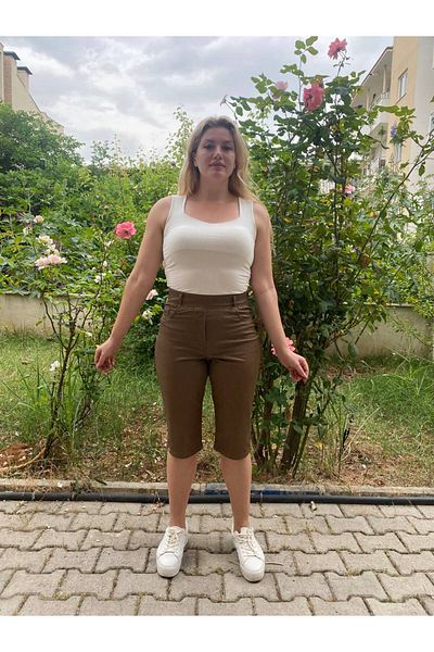 AKŞEN GİYİM Plus Size Full Lycra Elastic Waist Bermuda Cotton Linen Capri