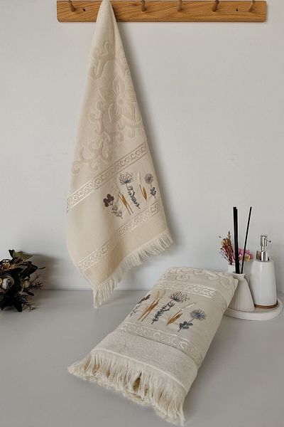 Sevim Set of 2 Embroidered Velvet Hand Towels - 100% Cotton Jacquard & Floral - Cappuccino
