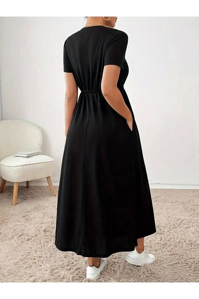 nedo7 Women's Short Sleeve Crew Neck Waist Lace up Viscose Dress with Pockets
