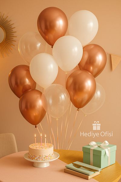 hediyeofisi Set of 10 Rose Gold Balloons – 4 Chrome Rose Gold + 3 Pastel White + 3 Transparent Balloons