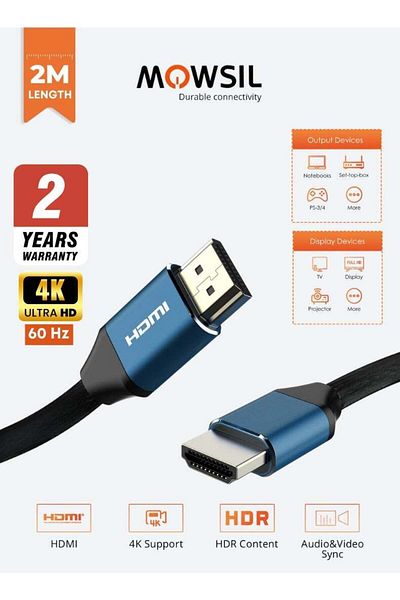 MOWSIL 4K @60Hz HDMI Cable (2m) | 2-Year Warranty | Ultra HD Guaranteed | 2.0 High-Speed | 24K Gold-