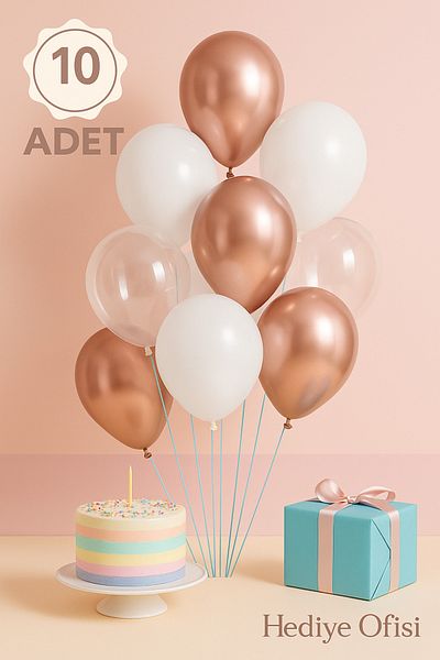 hediyeofisi Set of 10 Rose Gold Balloons – 4 Chrome Rose Gold + 3 Pastel White + 3 Transparent Balloons