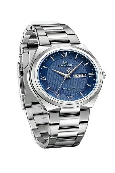 Naviforce wristwatch with a blue dial and stainless steel band