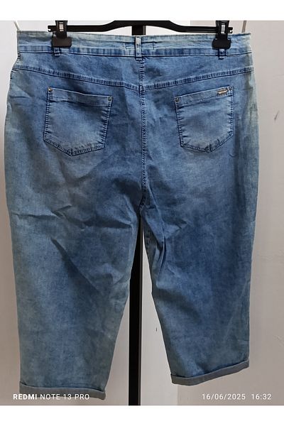 AKŞEN GİYİM Plus Size Full Lycra High Waisted Snow Wash Stonewashed Summer Denim Fabric Capri