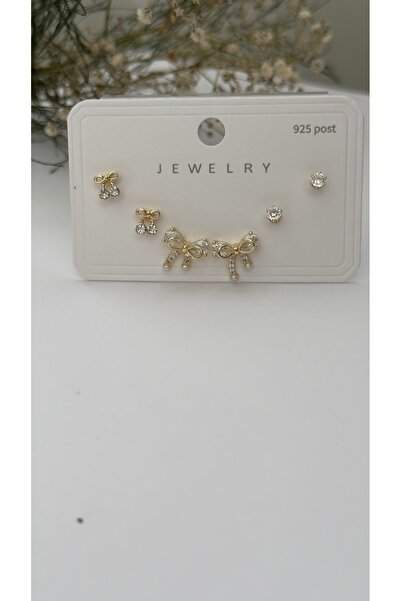 mibrillo 925 Gümüş Minimal kiraz ve fiyonk detaylı 6lı Çoklu Küpe