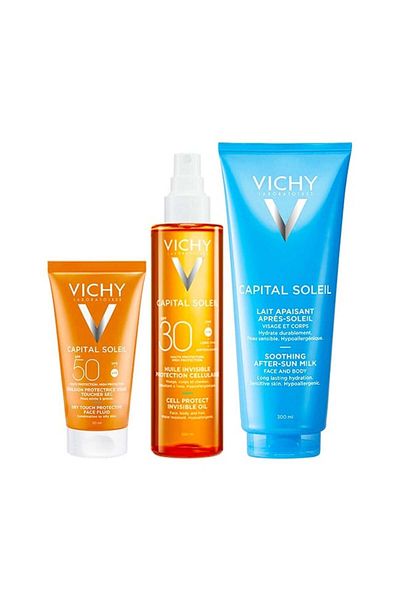 Vichy Capital Soleil Set: Dry Touch SPF50 Emulsion 50ml, Invisible SPF30 Oil 200ml, After Sun 300ml