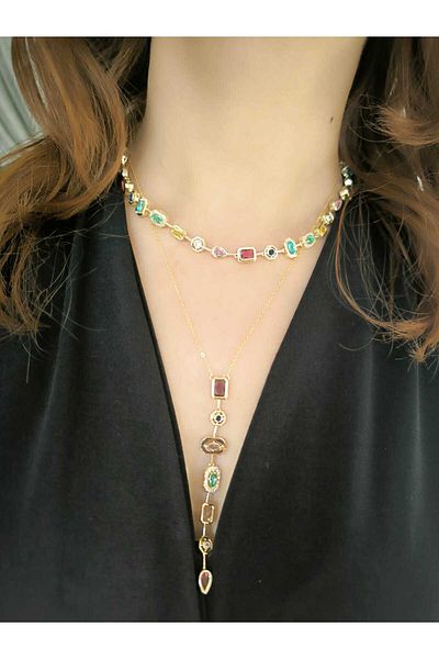 staınless steel Stoned Brass Plated Y Necklace