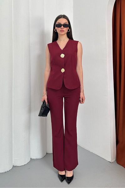 AKD Atelier Women's Double Bottom Top Set Stylish Button Detailed Vest Pants Set