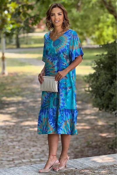 Nevin Kaya Moda Fusta cu decolteu în V cu volane Rochie albastră cu imprimeu etnic 100% bumbac