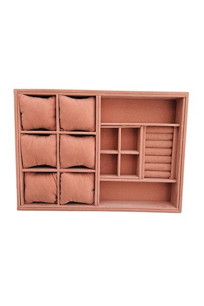 ÖZER KUTU Organizer Salmon Suede Plate Necklace & Ring Organizer and Glasses(6 Pillows)(4 Compartments)(Roll)