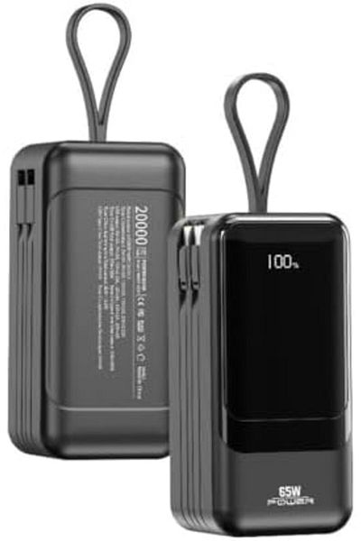 IQ TOUCH 65W Mini Laptop Power Bank, 20000mAh, Built-in Type-C & Lightning Cables, Digital Display