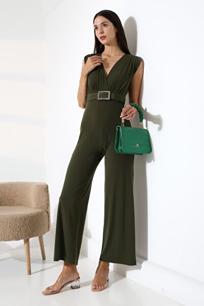 Deafox Khaki Sandy Fabric Padded Belt Detail Jumpsuit