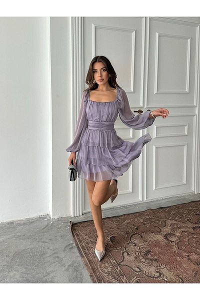 MAXMOOR Women's Lilac Chiffon Skirt Layered Mini Dress