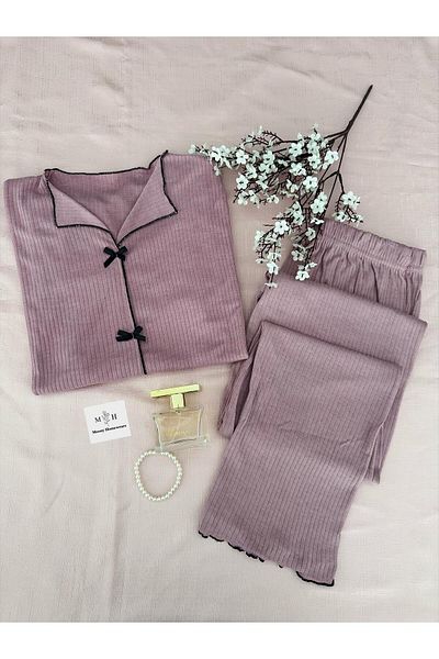 MH Moony Homewears 2-Piece Dusty Rose Combed Cotton Pajama Set with Ribbon Detail