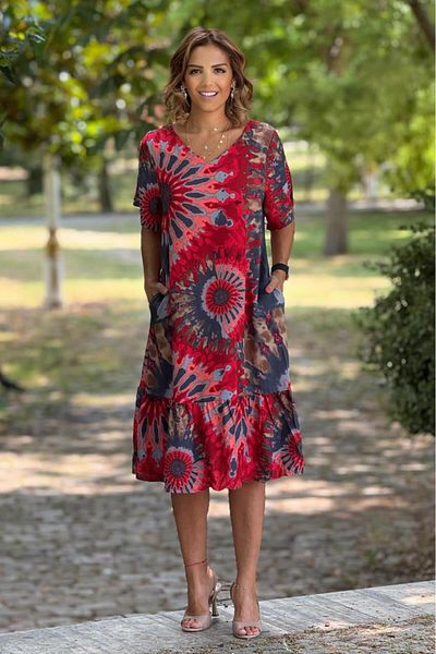 Nevin Kaya Moda Φούστα με λαιμόκοψη V με βολάν Κόκκινο έθνικ σχέδιο 100% βαμβακερό φόρεμα