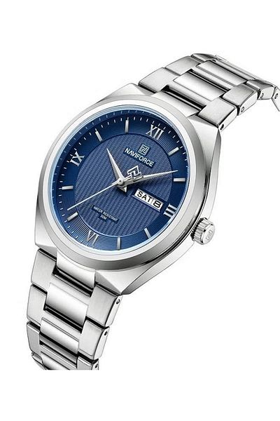 Naviforce wristwatch with a blue dial and stainless steel band