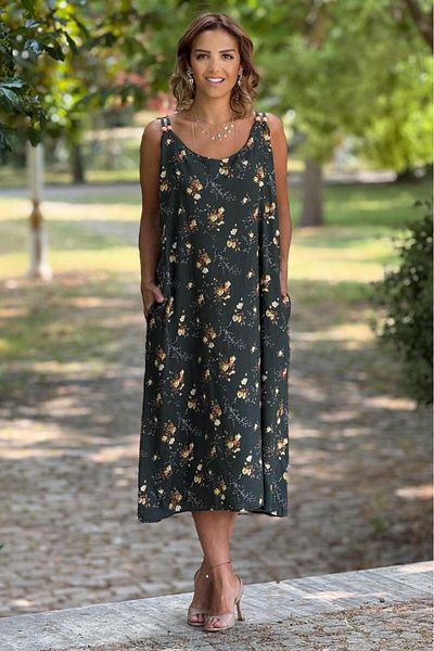 Nevin Kaya Moda Khaki Floral Dress with Beaded Strap