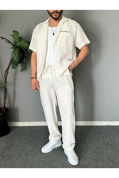 THEMANN Beige Striped Embroidery Detailed Lapel Collar Suit