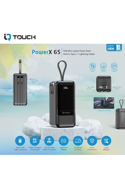 IQ TOUCH 65W Mini Laptop Power Bank, 20000mAh, Built-in Type-C & Lightning Cables, Digital Display