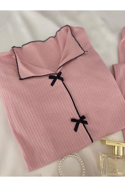 MH Moony Homewears 2-Piece Pink Ribbon Detailed Combed Cotton Pajama Set