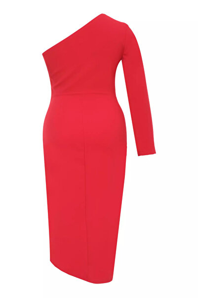 Keikei Kırmızı Büyük Beden Krep Uzun Kol Orta Boy Elbise