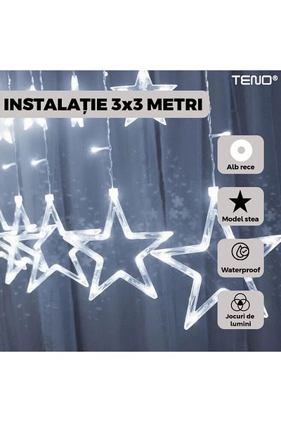 Teno Teno® Curtain Christmas Installation, 3x3 m, 8 light effects, 12 figurines, cool white