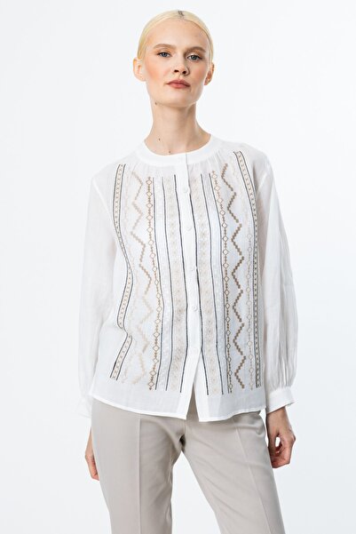 Ekol Önü Nakışlı Keten Bluz
