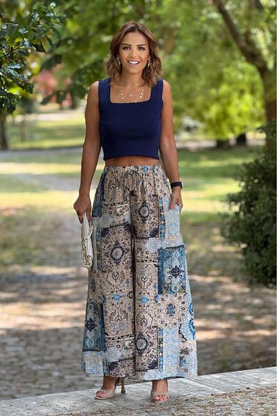 Nevin Kaya Moda Italian Stone Color Amber Patterned 100% Cotton Viscose Trousers